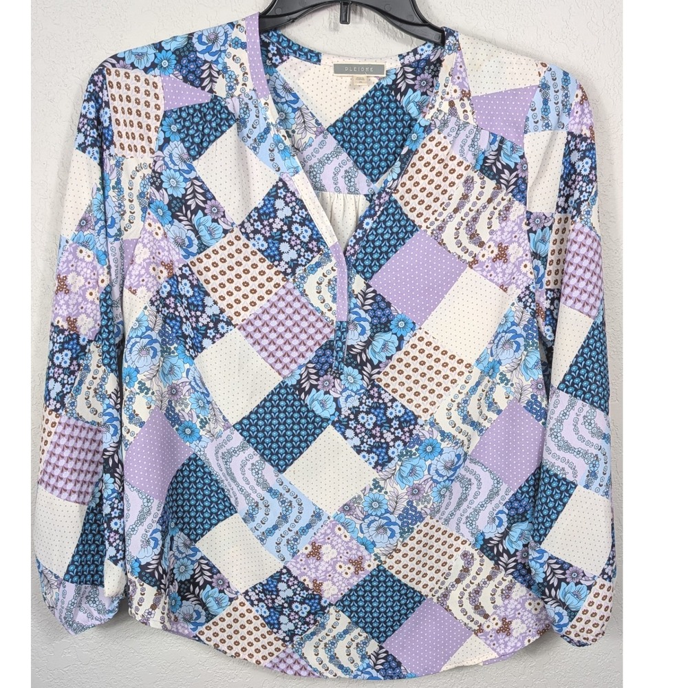 PLEIONE Patchwork‎ Floral Blue Purple Print Long Sleeve V Neck Blouse Size M